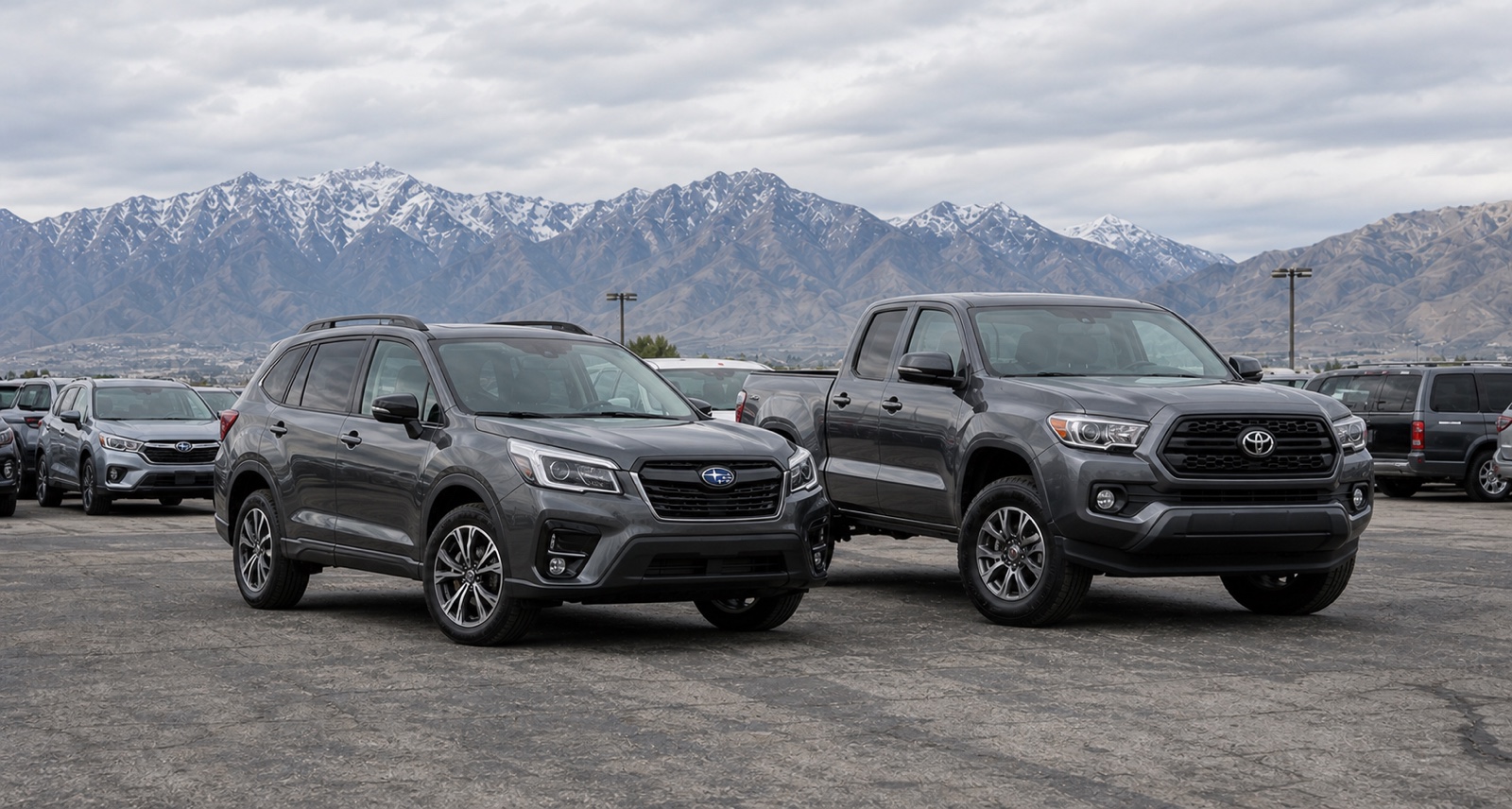 Pre-owned Subaru SUV and Toyota truck at a mountain dealership lot